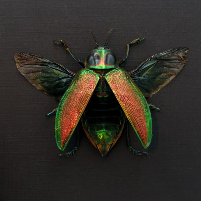 Giant metallic Jewel beetle framed taxidermy - Euchroma gigantea