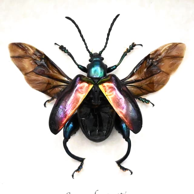 Real Rainbow Frog-Legged Leaf beetle framed taxidermy - Sagra buqueti - female